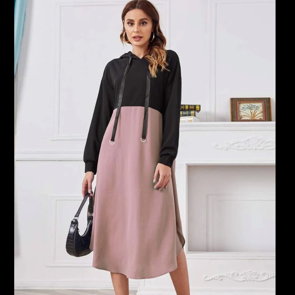 two color slit drawstring hooded dress new size S